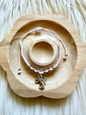 Handmade Cross Charm White String Beaded Adjustable Bracelet